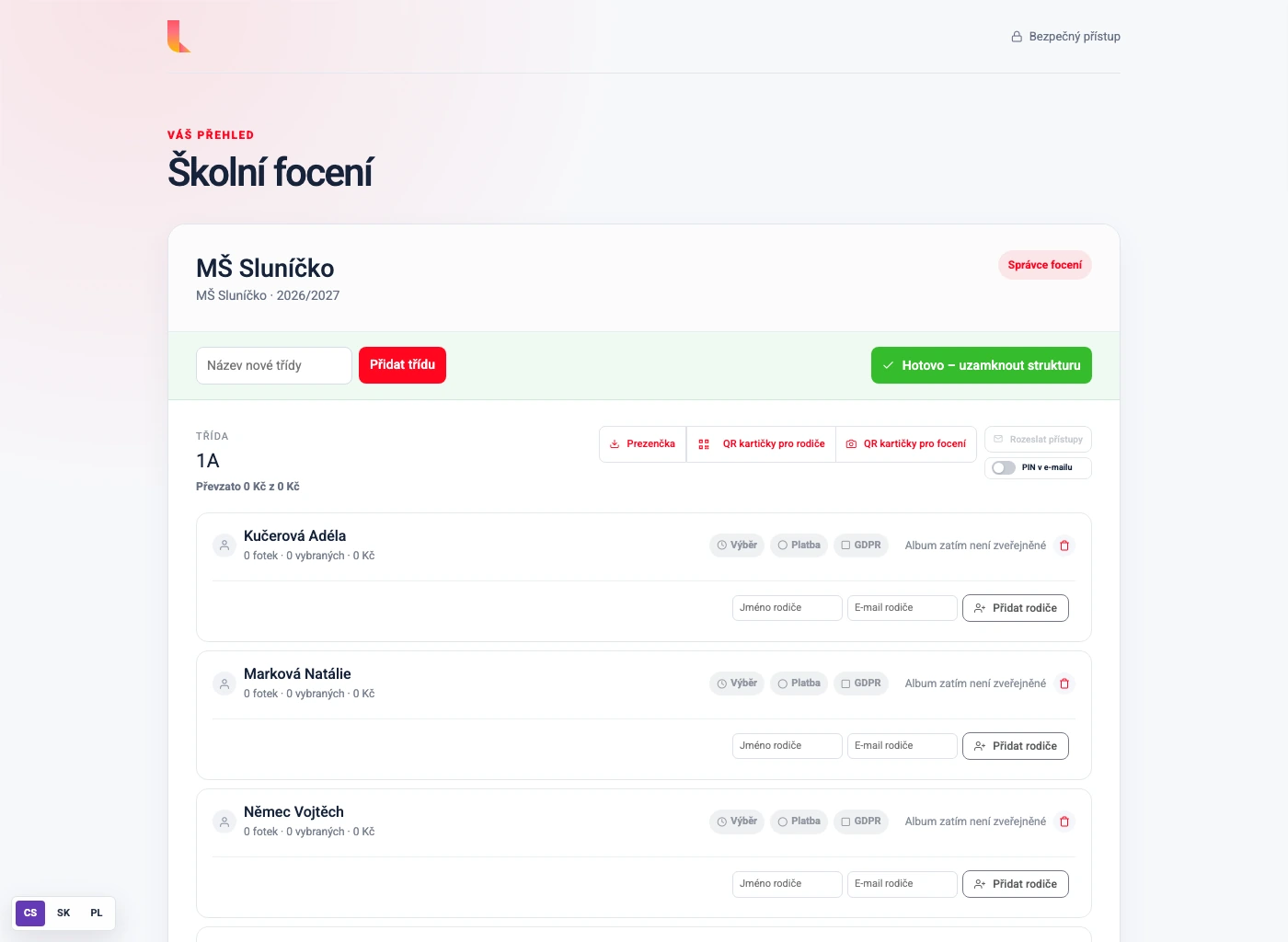 Správa školního focení v Lensys – třída se seznamem žáků, stavem výběru, plateb a souhlasů GDPR