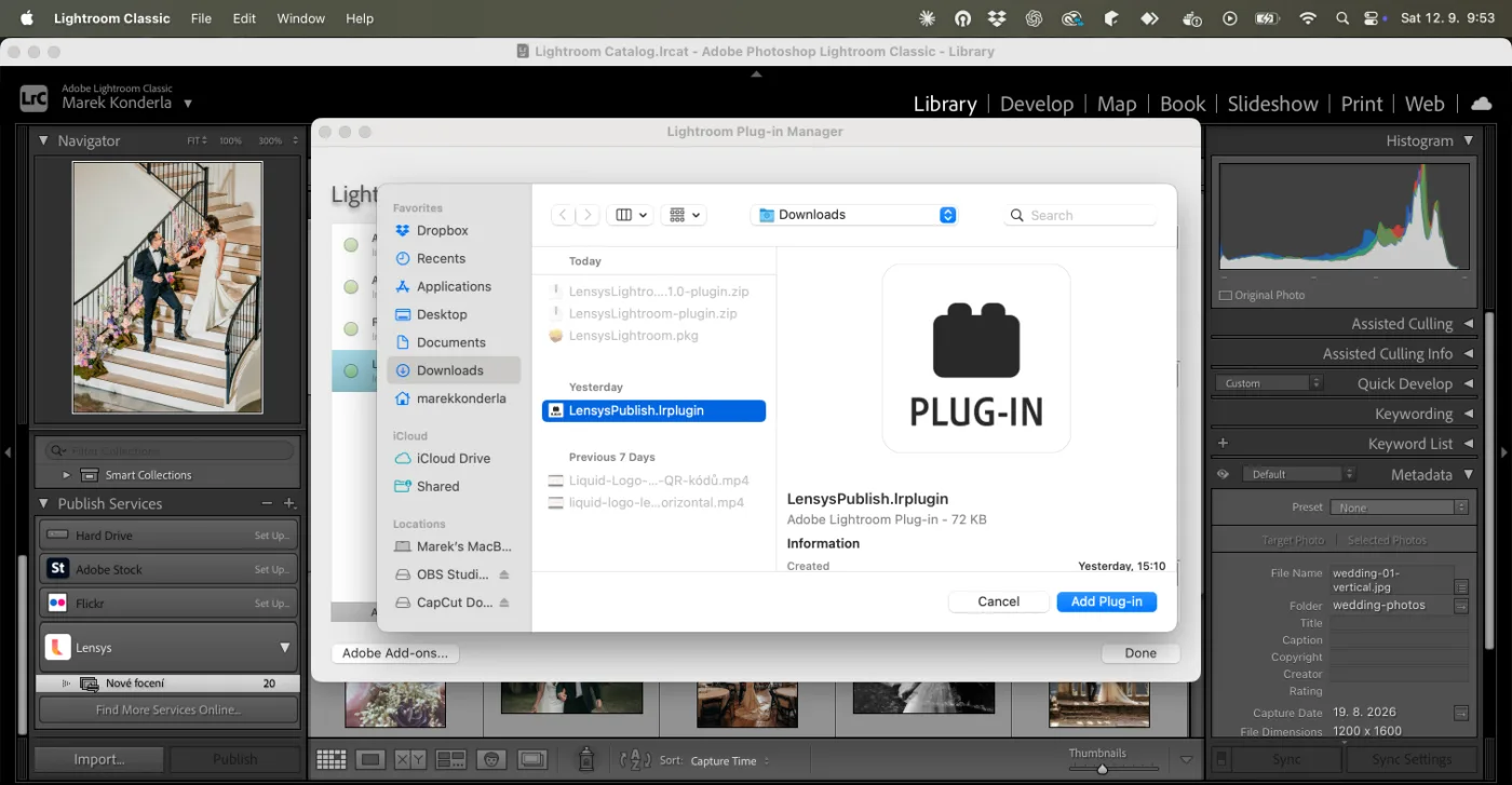 Výběr složky LensysPublish.lrplugin a tlačítko Add Plug-in